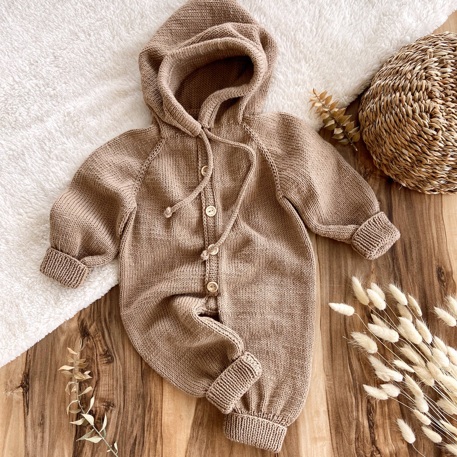 Knit Hooded Jumpsuit - Brown