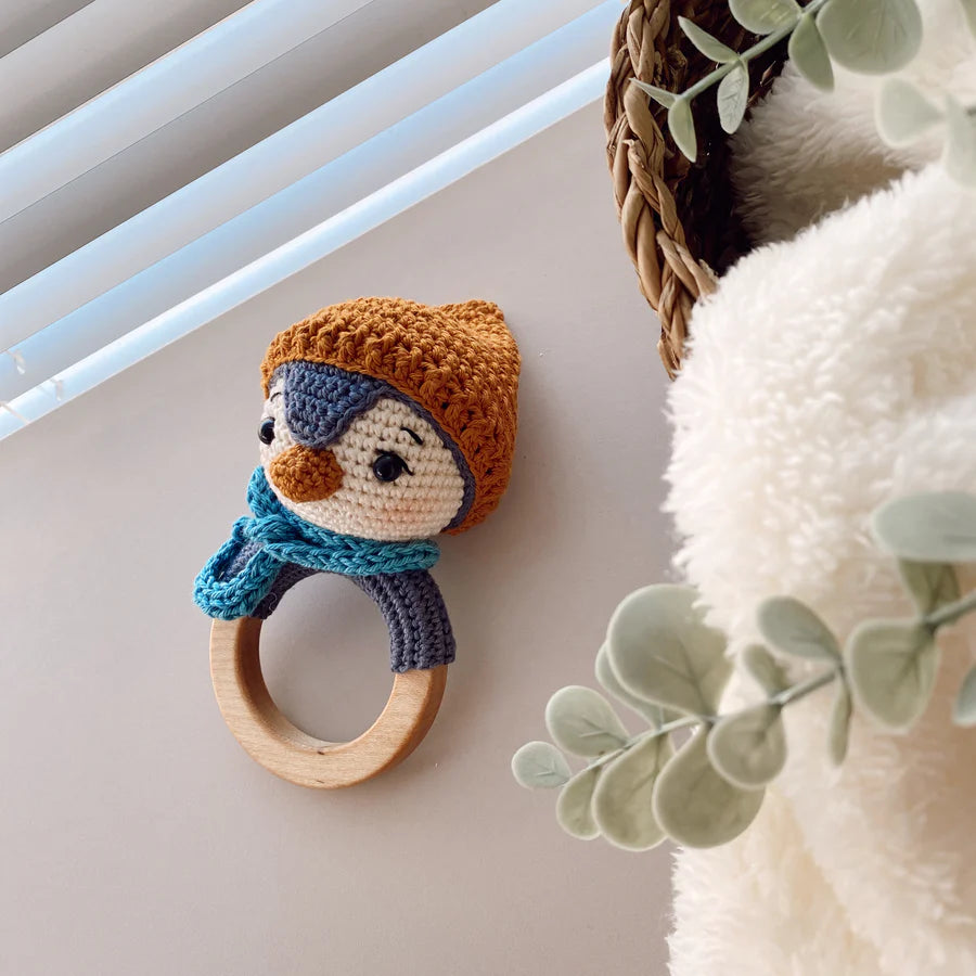 Crochet Penguin with Brown Hat Rattle