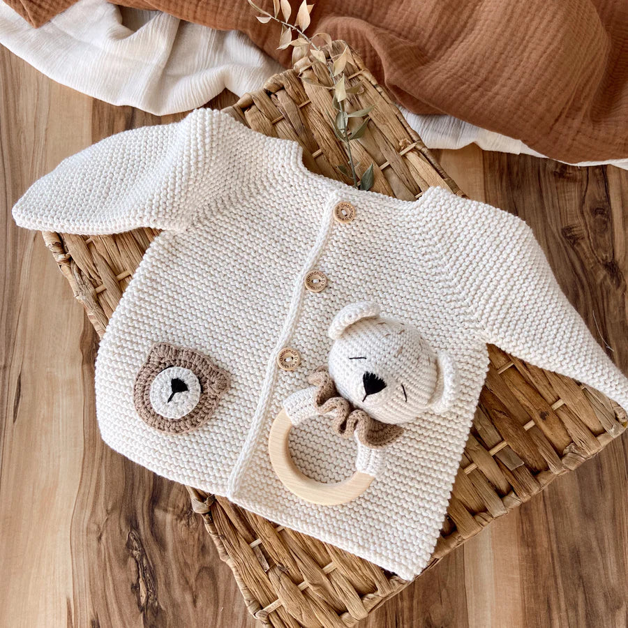 Knit Teddy Cardigan with Teddy Rattle