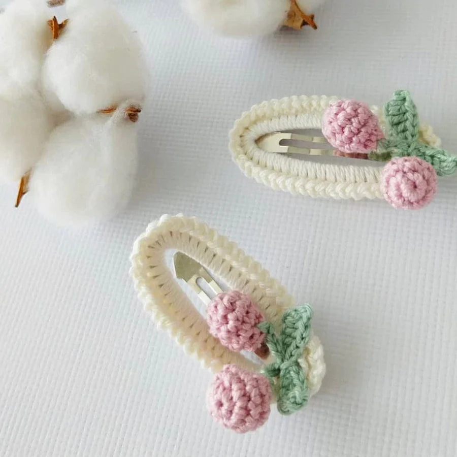 Knit Flower Hairclips - Natural & Pink - Two Pieces