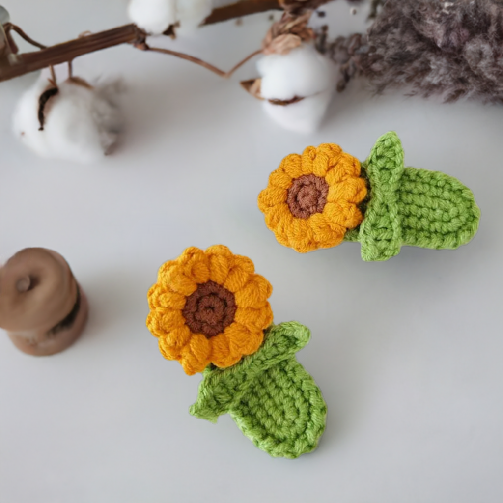 Knit Sunflower Hairclips - Dark Green & Yellow - Two Pieces