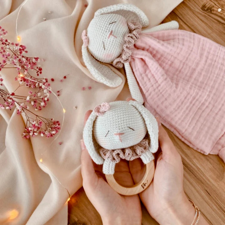Crochet Muslin Bunny Sleep Toy and Rattle Set