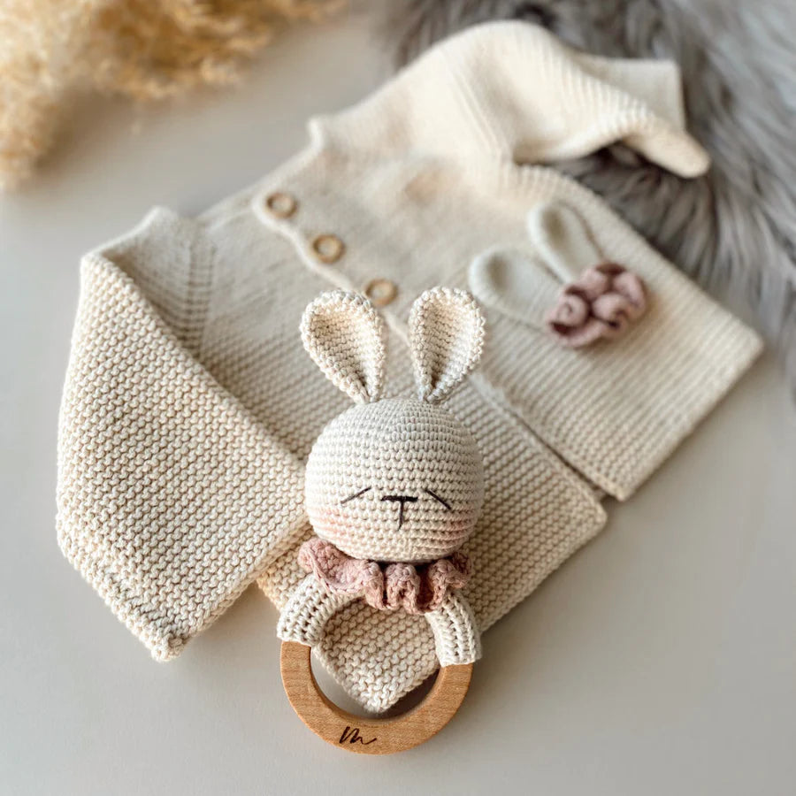 Knit Pink Rabbit Cardigan with Pink Rabbit Rattle