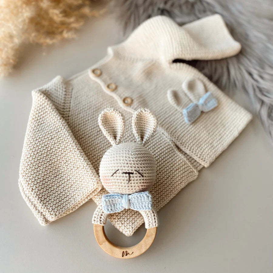 Knit Blue Rabbit Cardigan with Blue Rabbit Rattle
