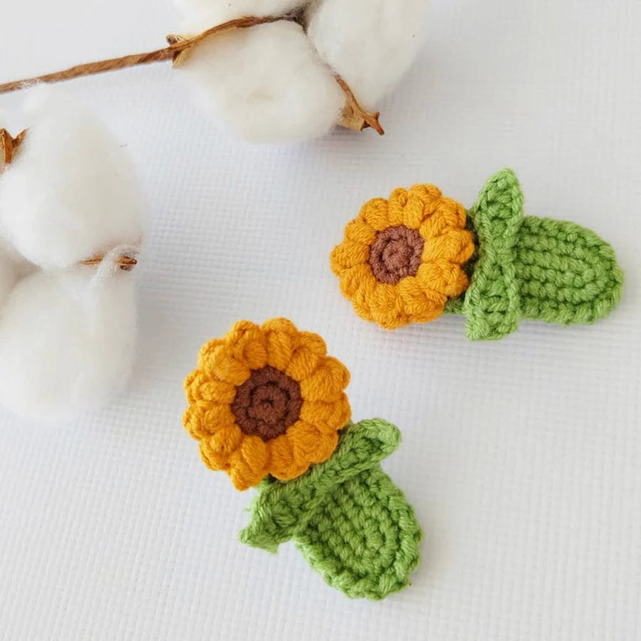 Knit Sunflower Hairclips - Dark Green & Yellow - Two Pieces