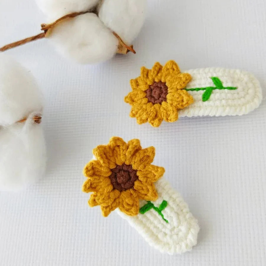 Knit Sunflower Hairclips - White & Dark Yellow - Two Pieces